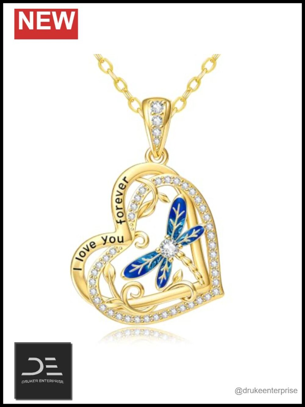 14K Gold Plated Dragonfly Pendant Necklace Cubic Zirconia Women Birthday Gift